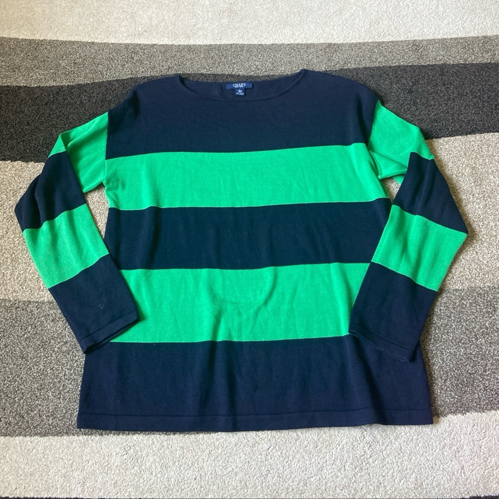 Chaps Size Large, Blue/Green Striped Long Sleeve Sweater Light Weight
